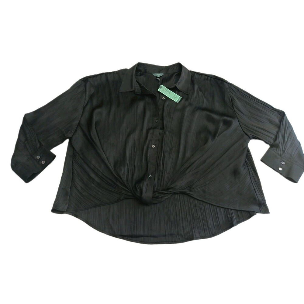 Terra & Sky Womens Long Sleeve Button Up Knotted Blouse 3X Black. New